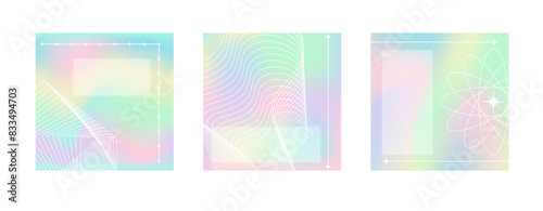 Y2K aesthetic holographic square backgrounds with wireframe geometric shapes and stars. Postcard, poster and cover templates set.