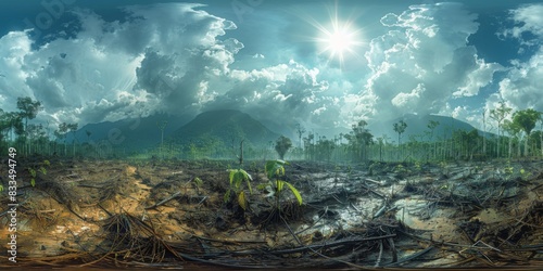 An immersive 360-degree panorama of deforestation in the Amazon rainforest, highlighting the environmental devastation and loss of biodiversity photo
