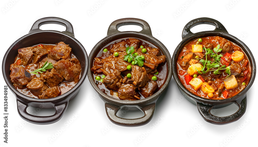 Tasty goulash. Set with cooked meat isolated on white Tasty goulash. Set with cooked meat isolated on white