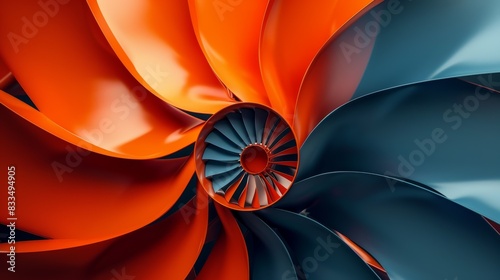 Abstract orange and blue fan blades arranged in a circular pattern. photo