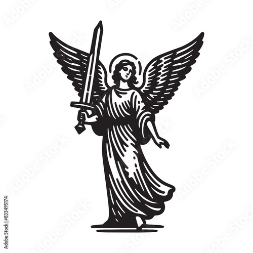 Guardian angel. Defender with a sword. Holy protection.
Vintage engraving black vector illustration, isolated object, sketch, emblem, logo