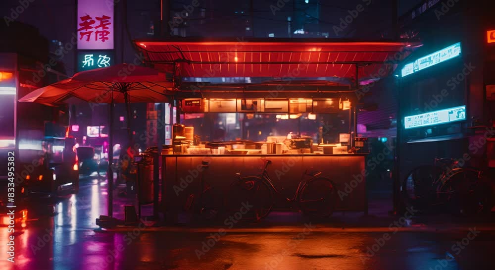 Japanese street food stall on empty neon lit street in city at night rainy scene cinematic style Japanese street food stall on empty neon lit street in city at night rainy scene cinematic style