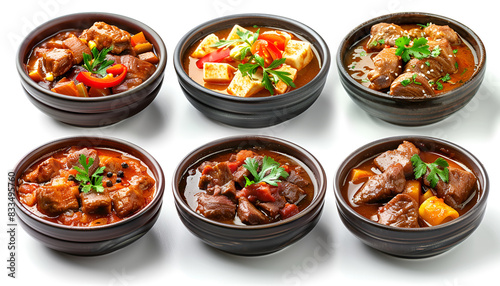 Tasty goulash. Set with cooked meat isolated on white
