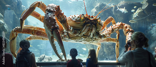 Giant king crab being displayed at an aquarium exhibit photo