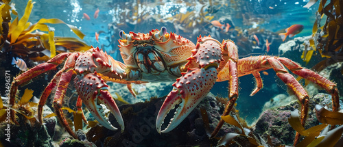 Giant king crab and lobster underwater with kelp