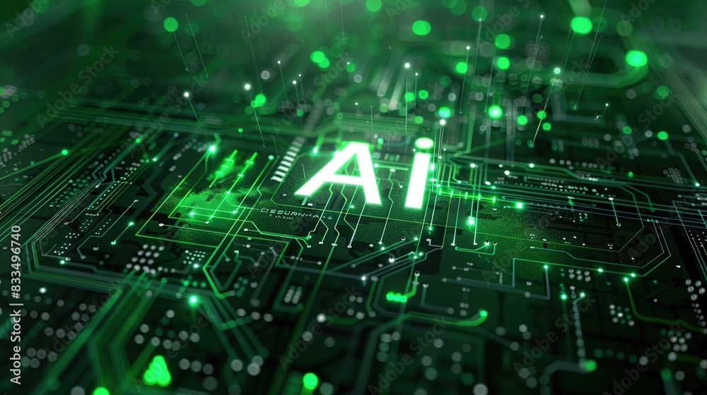 Green AI text with digital and futuristic elements glowing in the dark, artificial intelligence banner technology, data science and innovation web internet cyber space. Green AI text with digital and futuristic elements glowing in the dark, artificial intelligence banner technology, data science and innovation web internet cyber space.