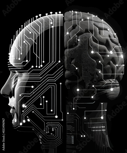 a human head with a circuit board in the shape of a brain