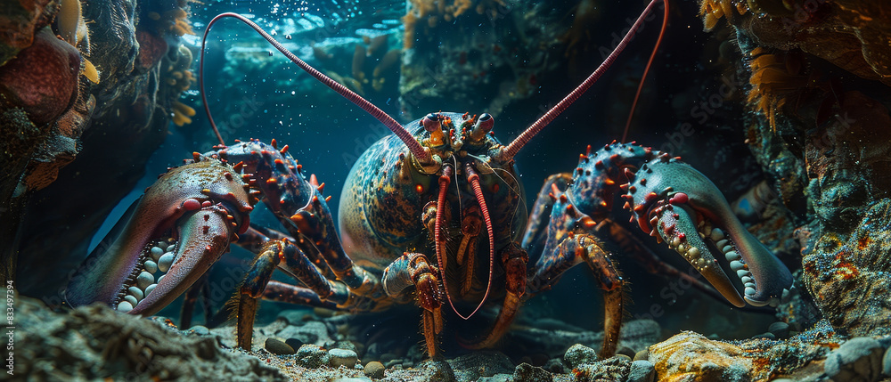 A giant lobster hiding in an underwater crevice A giant lobster hiding in an underwater crevice