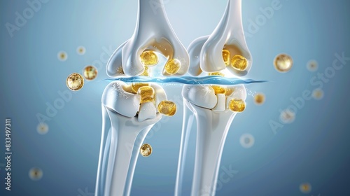 Human knee joint with hyaluronic acid, synovial fluid, and cartilage for medical illustration or anatomy study