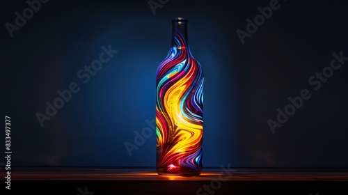 Vibrantly lit bottle with a colorful swirl pattern, highlighting dynamic design. Perfect for themes of creativity and contemporary art