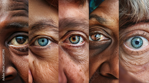 collage of eyes of people of different ages, faces of older people of different nationalities, generative ai