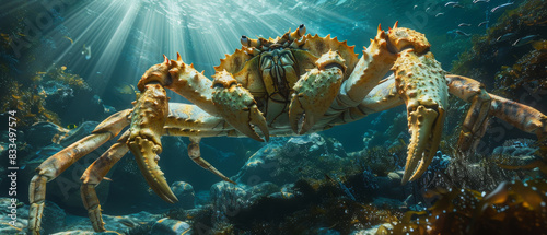 A giant king crab walking along the ocean floor with sun rays piercing the water photo