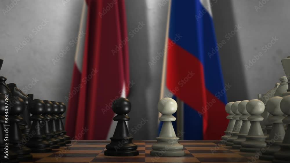 Latvia and Russia National Flags with Chess Game Animation. Politics Concept, Government Conflict Latvia and Russia National Flags with Chess Game Animation. Politics Concept, Government Conflict