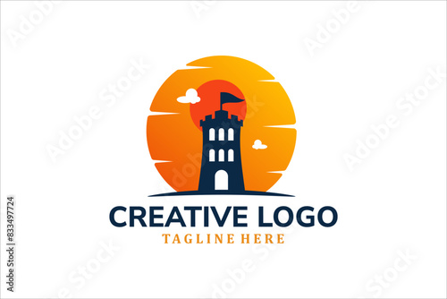 Modern Flat Unique castle logo vintage with sunset background logo template illustration design © Lycreative.id
