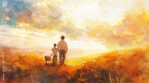 Rear view of a father and son with a sacrificial lamb in a serene meadow, vibrant sunset colors, soft watercolor style, ample copyspace on the right side of the image photo