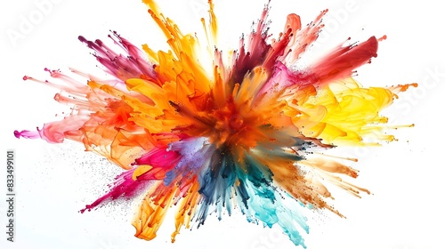 Vibrant explosion of colorful paint splashes on a white background, creating a dynamic abstract art piece full of energy and motion.