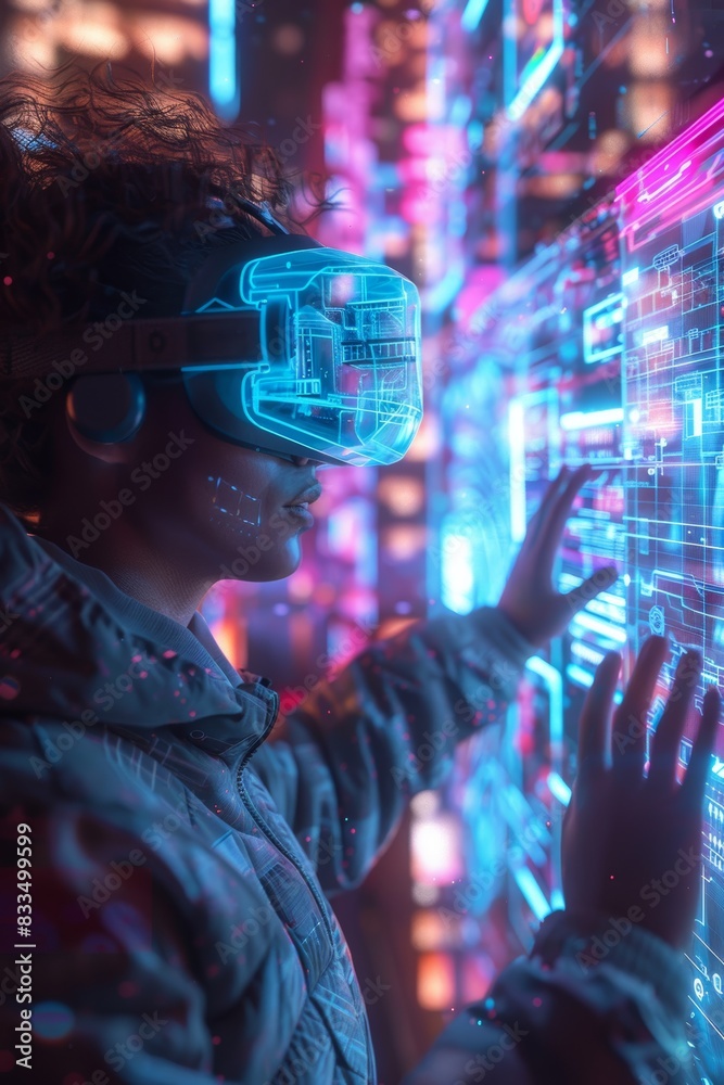 Fototapeta premium Young man exploring digital world through high-tech virtual reality headset, VR glasses. Hands tracing luminous data streams