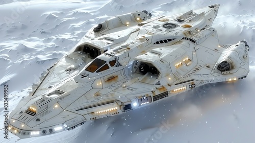 Fototapeta Naklejka Na Ścianę i Meble -  Futuristic spaceship with sleek white design, landing on a snowy surface.