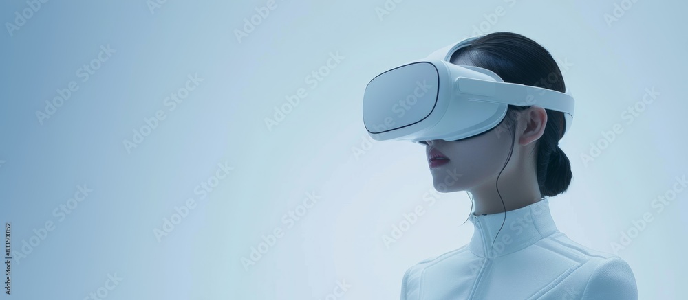 Young woman wearing white virtual reality headset. Experiencing a tranquil virtual environment. Advanced technology in real life. Young woman wearing white virtual reality headset. Experiencing a tranquil virtual environment. Advanced technology in real life.