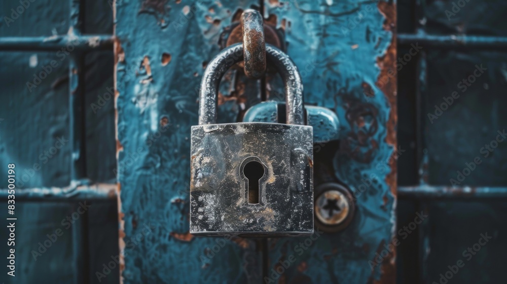 Hanging padlock is locked and hanging on cell rusted old garage door. Concept of secret confidencial information. Hanging padlock is locked and hanging on cell rusted old garage door. Concept of secret confidencial information.