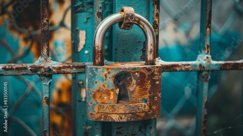 Hanging padlock is locked and hanging on cell rusted old garage door. Concept of secret confidencial information.