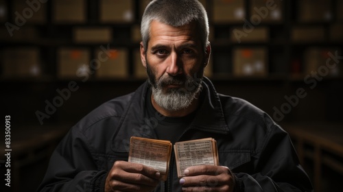 An older man with a beard earnestly reads a worn prayer book, casting a contemplative ambiance photo