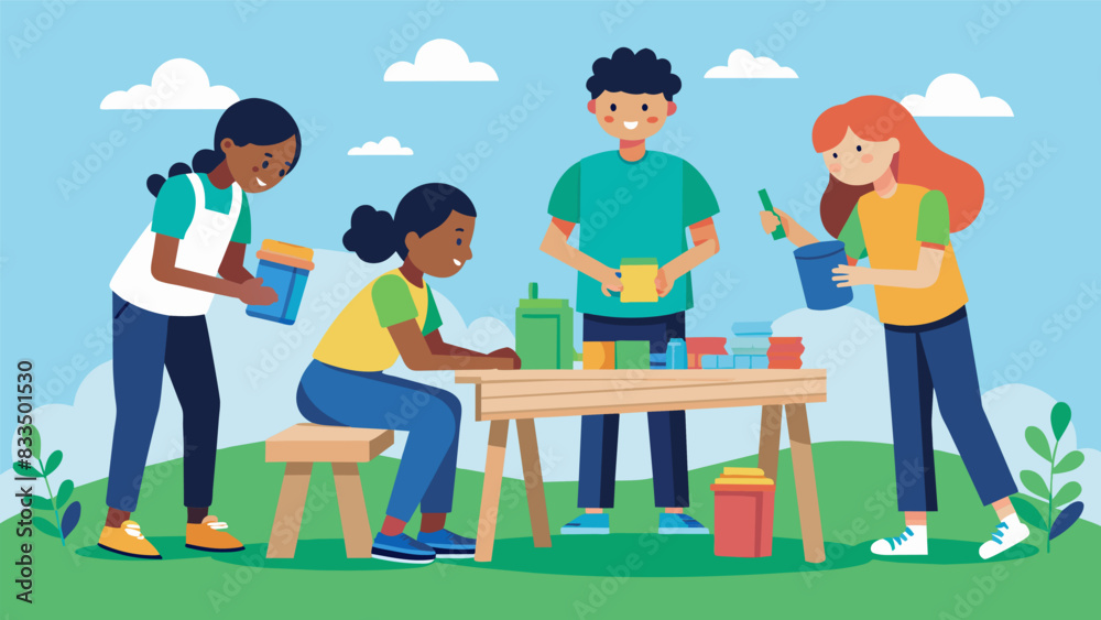 A team of students designing and constructing outdoor benches for the schools playground using recycled plastic bottle caps.. Vector illustration A team of students designing and constructing outdoor benches for the schools playground using recycled plastic bottle caps.. Vector illustration