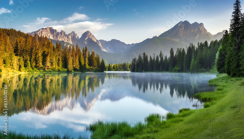 Panoramic view of summer landscape with a calm surface of a mountain lake with reflections, coniferous forest and the peaks of mountains