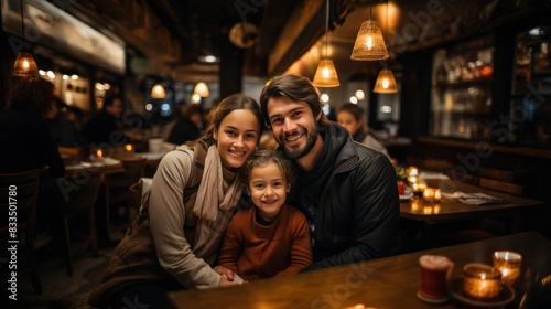 A warm and inviting picture of a happy family sharing a meal together at a cozy restaurant full of ambient lighting © AS Photo Family