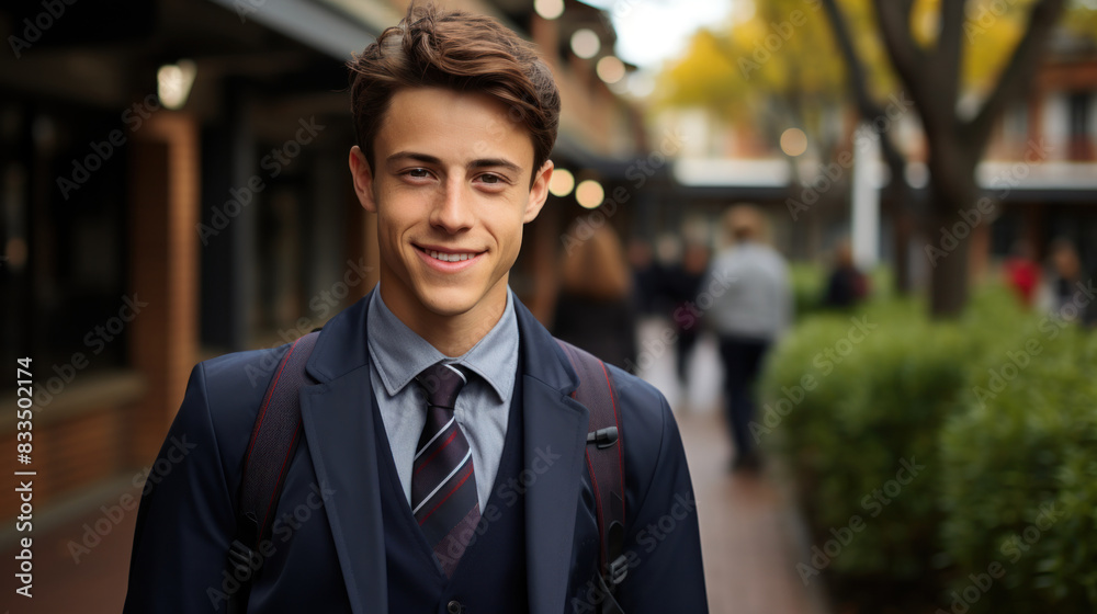 A confident teenage boy in a smart school uniform and backpack stands on a busy street A confident teenage boy in a smart school uniform and backpack stands on a busy street