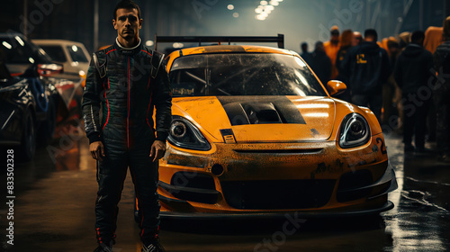 A focused race car driver is standing by an orange sports car in a garage at a racing event