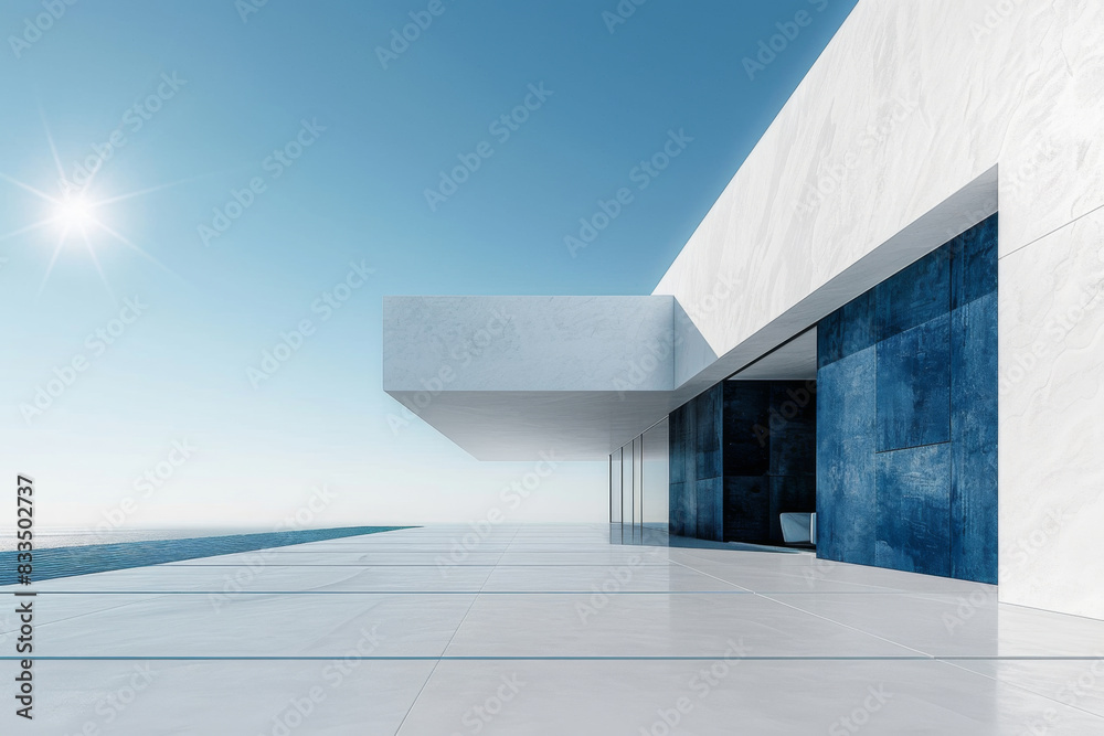 White Building on a blue sky backdrop.Modern concrete architecture.
White Building on a blue sky backdrop.Modern concrete architecture.