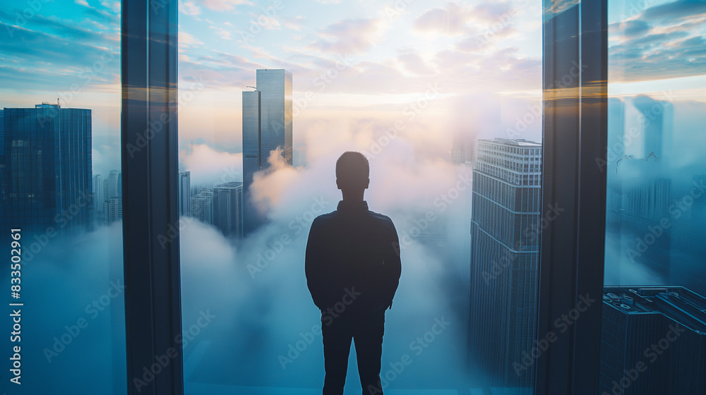 Fototapeta premium Silhouette of a person standing in front of a window overlooking a foggy cityscape at sunrise. Generative AI