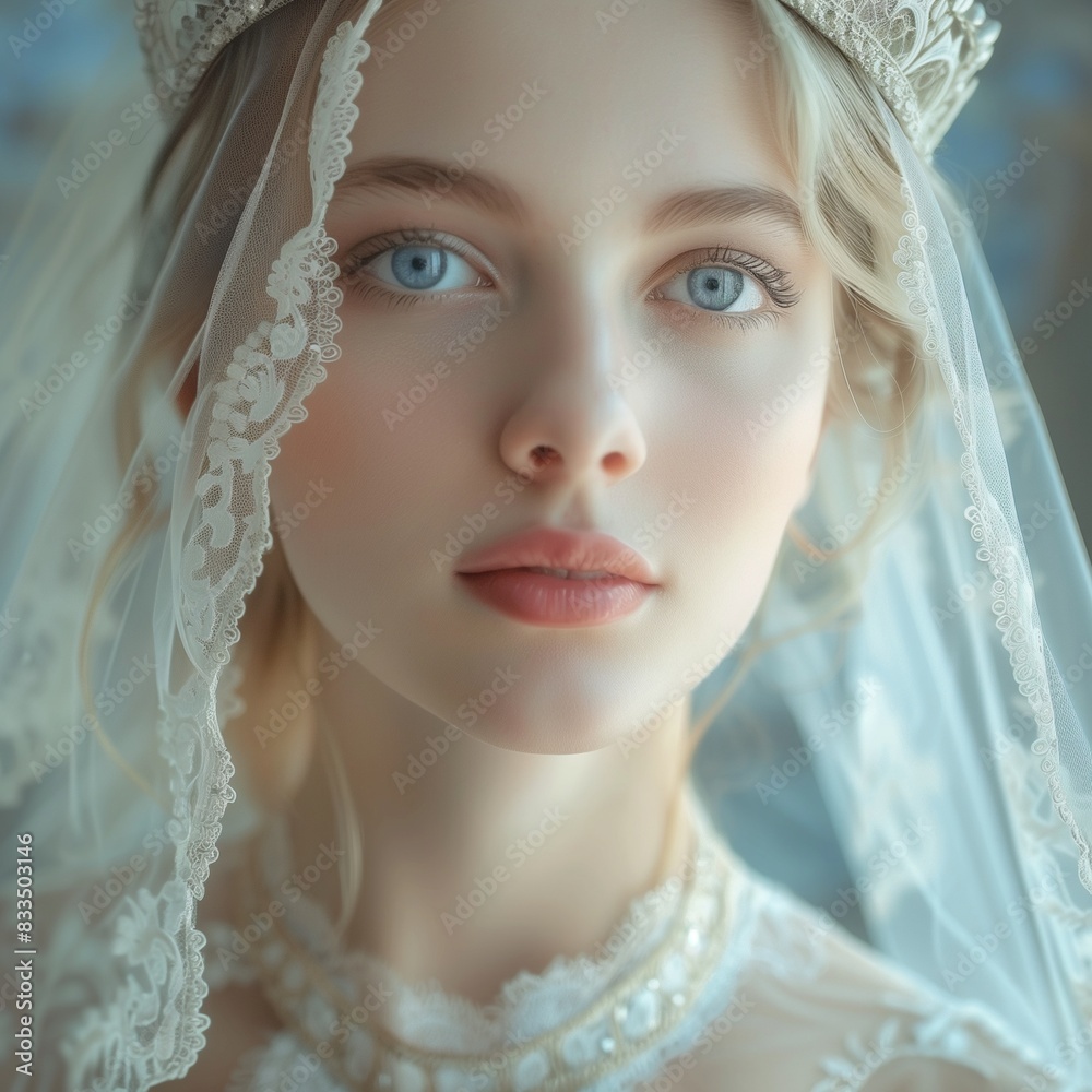 Emotional closeup portrait of a very beautiful woman in bride suit small crown and bridal veil with blue eyes and blonde long hair in a veil looking up waiting for wedding party