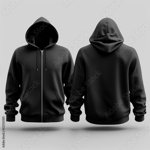 Black Hoodie Mockup with Front and Back View, Zipper and Hood, Isolated on White Background - Perfect for Apparel Design, Custom Printing, and Branding | 4K Wallpaper, Mockup