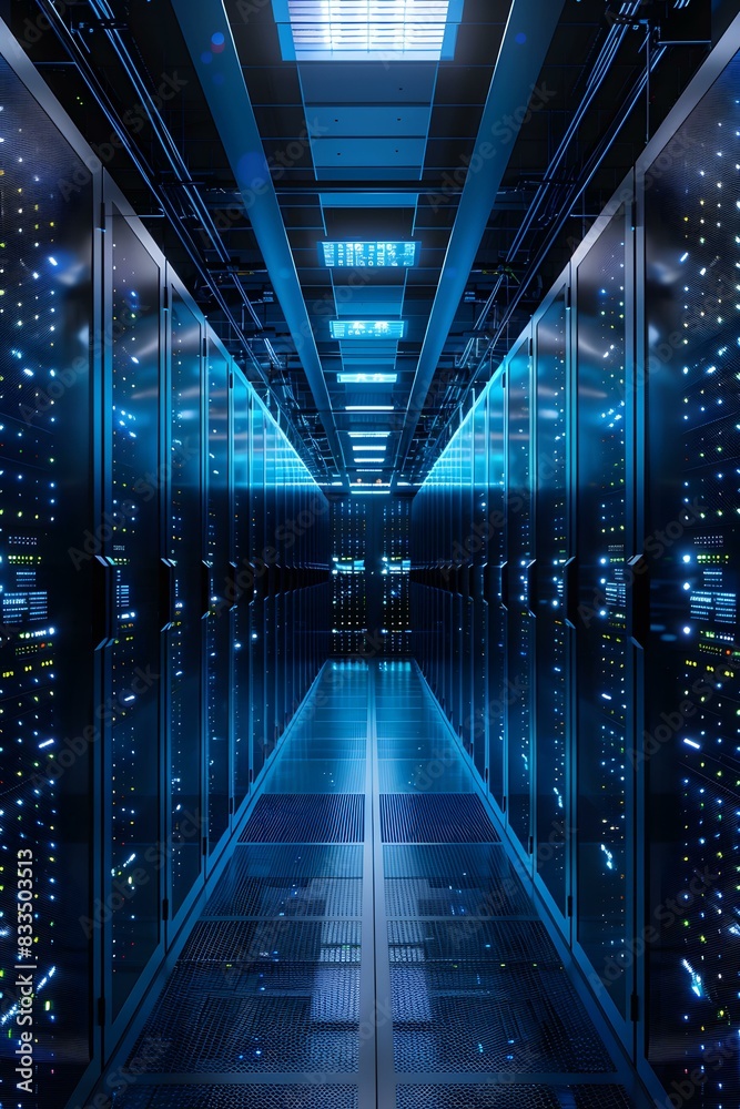 Obraz premium Blue lights illuminate the futuristic interior of a server room.