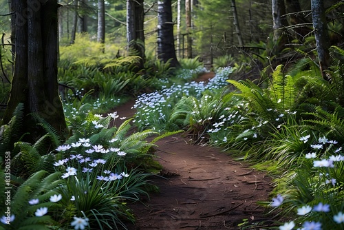 A tranquil forest path lined with fresh ferns and early spring flowers in bloom