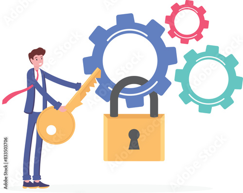 Security system configuration. Set a password. security and safety management. a user with gear and padlocks. protection of user privacy. illustration concept design. vector elements. blue background
