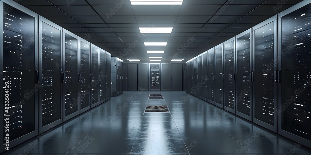 Fototapeta premium Futuristic server room with rows of rack-mounted servers.