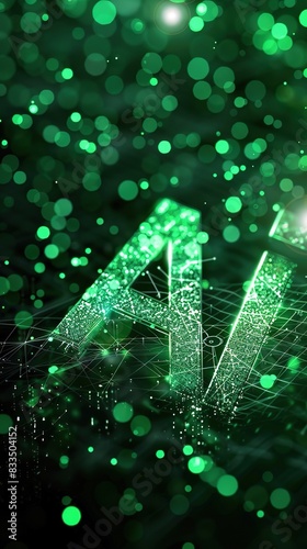 Green AI text with digital and futuristic elements glowing in the dark, artificial intelligence banner technology, data science and innovation web internet cyber space.