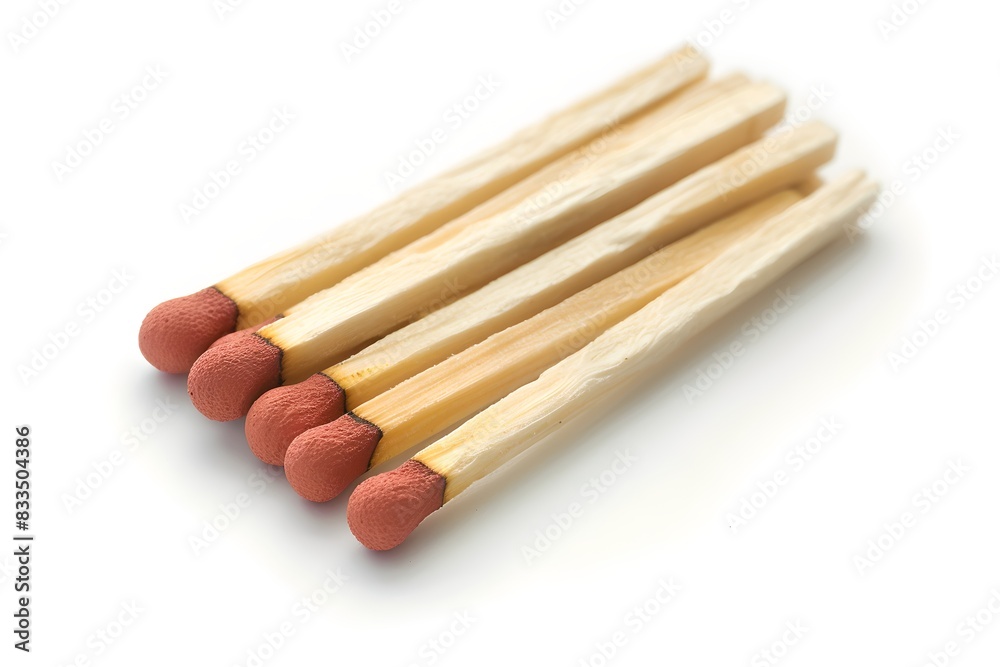 A set of five red-tipped wooden matchsticks arranged neatly. Minimalist design perfect for concepts of fire, ignition, or simplicity. Ideal for educational or illustrative purposes. Generative AI A set of five red-tipped wooden matchsticks arranged neatly. Minimalist design perfect for concepts of fire, ignition, or simplicity. Ideal for educational or illustrative purposes. Generative AI