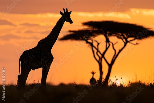 Stunning Silhouette of Giraffe at Sunset in the Savannah. Serene African Landscape Scene. Wildlife and Nature Concept. Generative AI