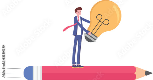 copywriter and writer concept. creative workers. ideas and inspiration. blog writer and content creator. illustration of a man riding a pencil and holding a lamp. graphic element illustration concept
