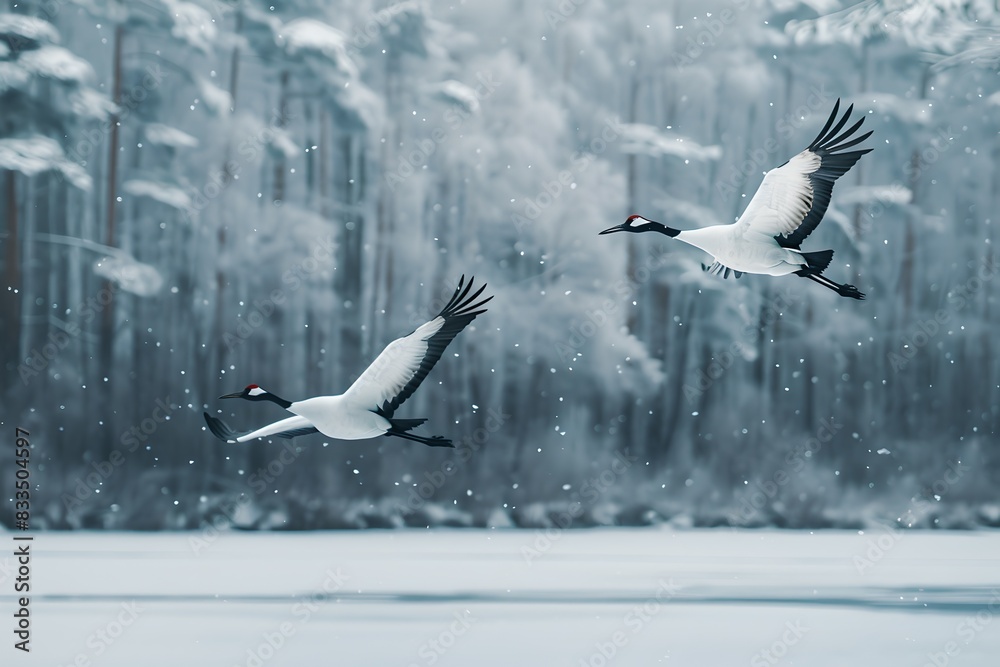 Two majestic cranes flying gracefully over a snowy landscape. Elegant and serene winter scene. Perfect for nature, wild life and seasonal designs. Photo realism. Generative AI