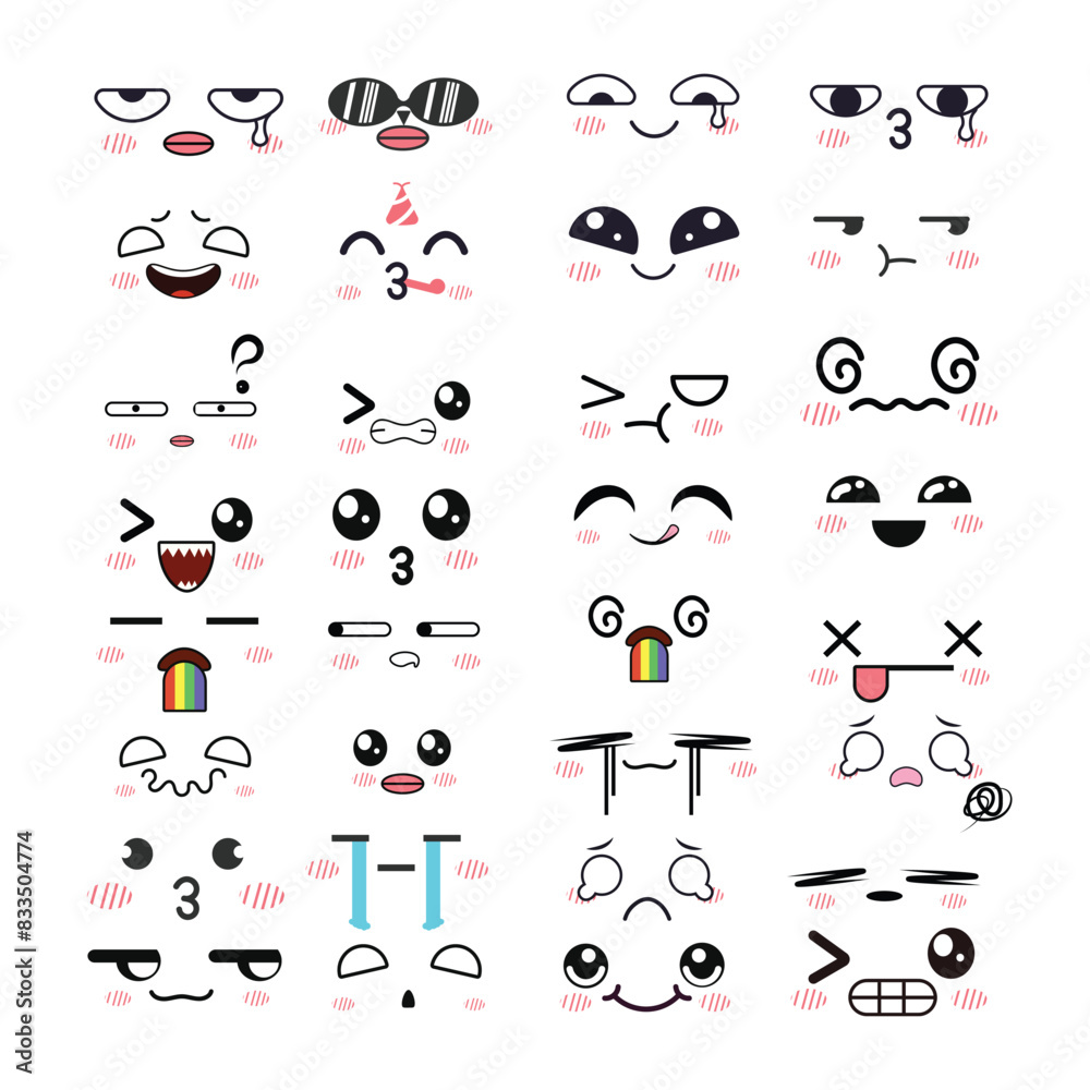 Fototapeta premium Kawaii Cute Faces Big Vector Set of Manga Style Eyes and Mouths with Funny Cartoon Japanese Emotions