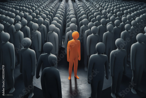 Standout Leader in an orange color between ordinary gray figures
