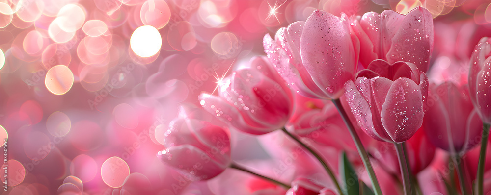 Obraz premium Abstract bokeh design with pink spring flowers and glitter, a happy Easter template to celebrate the holiday season.
