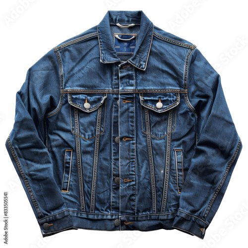 [Transparent Background PNG]Blue denim jacket with white stitching and copper buttons photo