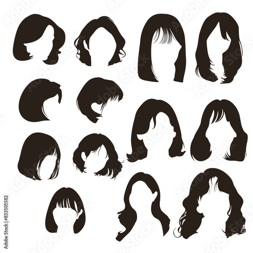 set of black hair styling for women. Vector Icons Set Related Hairs. Set of hairstyles and haircut templates on a white background