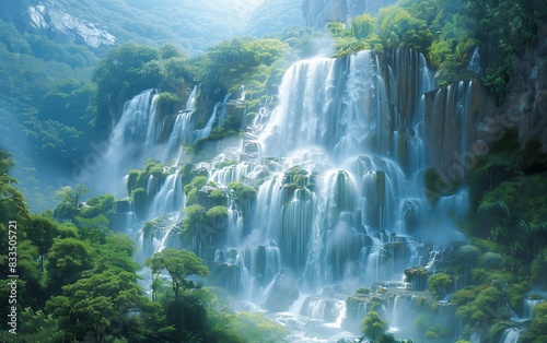 Breathtaking waterfall cascading down lush green cliffs, surrounded by mist and dense forest, creating a serene and picturesque landscape. photo